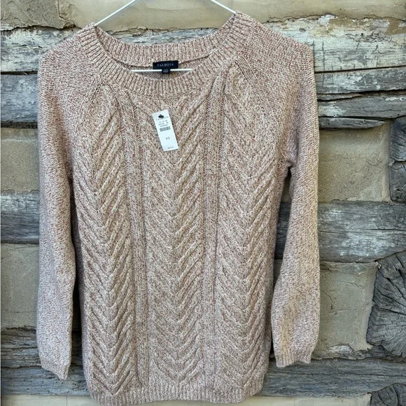 Talbots Women’s Tan and Rust Mottled Color Cotton Cable Knit Sweater XS NWT - Picture 1 of 7